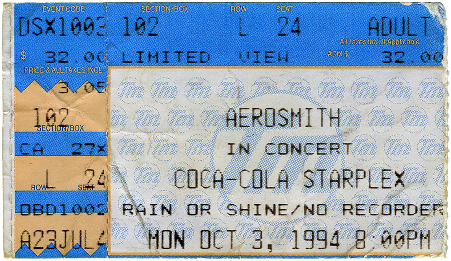 Aerosmith concert ticket, October 3, 1994