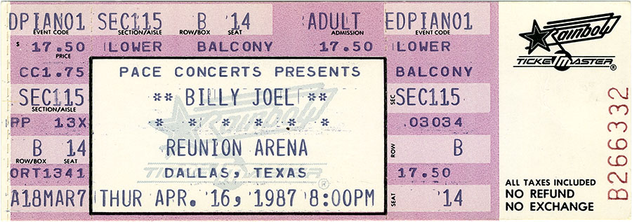 Billy Joel concert ticket, April 16, 1987