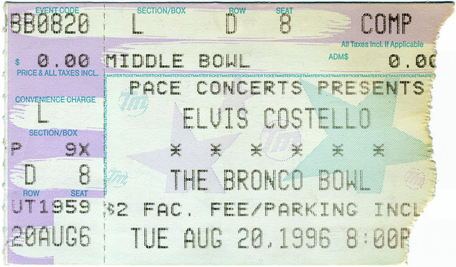 Elvis Costello concert ticket, August 20, 1996