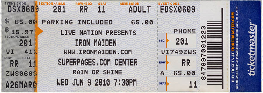 Iron Maiden concert ticket, June 9, 2010