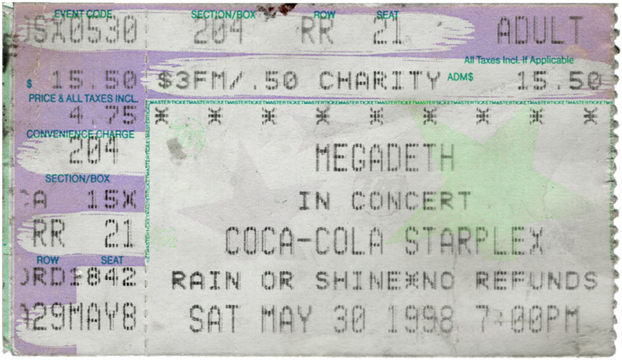 Megadeth concert ticket, May 30, 1998