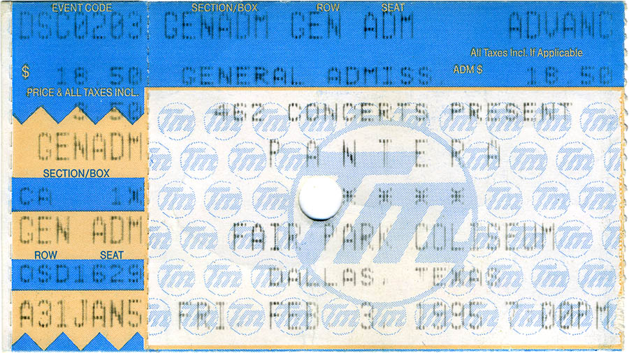 Pantera concert ticket, February 3, 1995