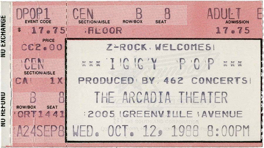 Iggy Pop concert ticket, October 12, 1988