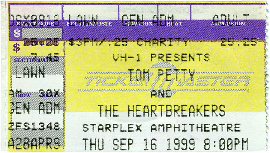 Tom Petty and the Heartbreakers concert ticket, September 16, 1999
