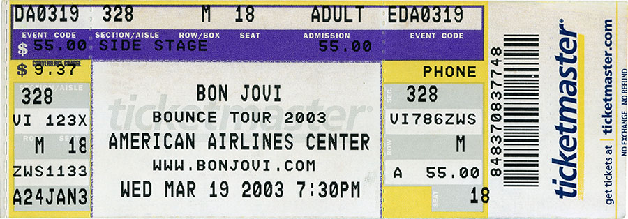 Bon Jovi concert ticket, March 19, 2003
