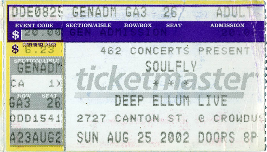 Soulfly concert ticket, August 25, 2002