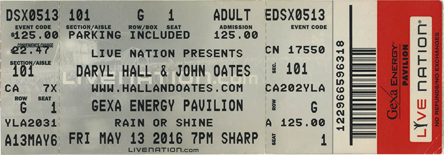 Hall & Oates concert ticket, May 13, 2016