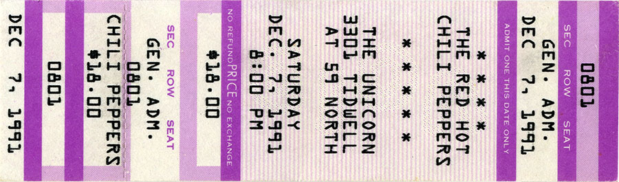 Red Hot Chili Peppers concert ticket, December 7, 1991