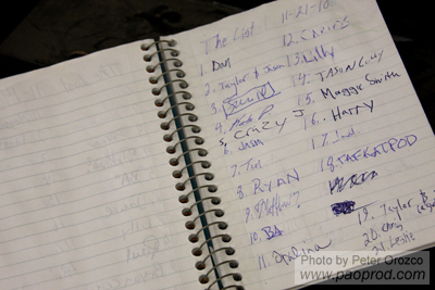 Lost Art Open Mic sign up sheet